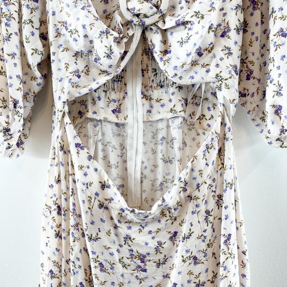 MINKPINK Hailey Floral Puff Sleeve Cutout Midi Dress White Purple XL - Picture 11 of 16
